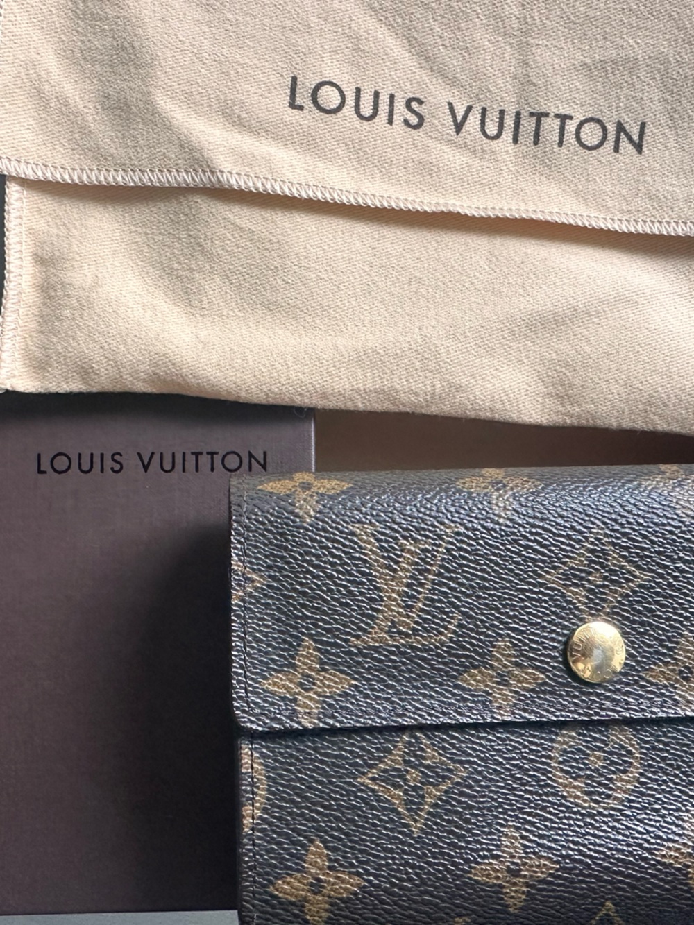 Louis Vuitton Brown and Gold Monogram Snap Wallet Detail